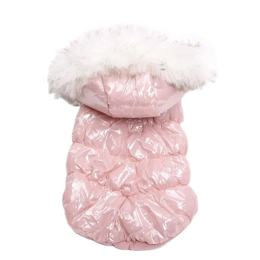 Pink winter dog puffer coat with faux fur trim, shiny durable exterior 